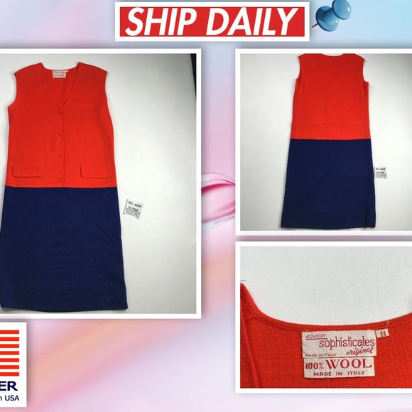 Vintage Retro 60s 70s 100% Wool Knit Wrap Button Women Tunic Dress Pocke Size 11 - Picture 1 of 8
